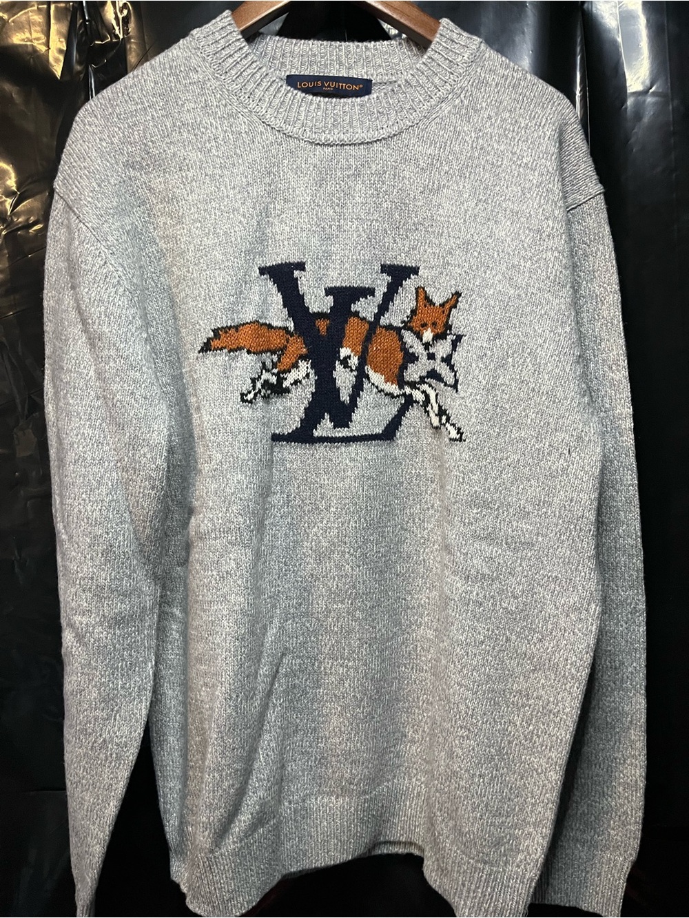 Louis Vuitton Men's Gray Fox Logo Crewneck Sweater Chunky Wool-Cashmere Crewneck